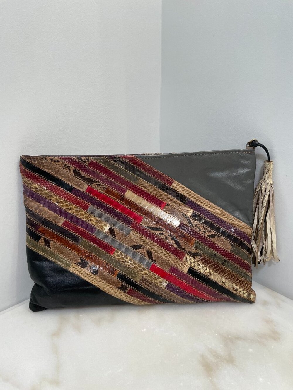 VINTAGE Bassous Bags by Jane Snakeskin Leather Striped Clutch Circa 1970's - Picture 2 of 12